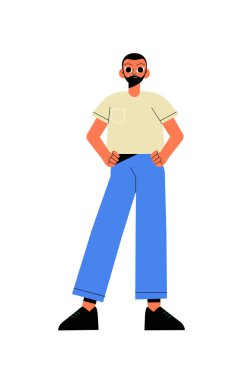 Gözlüklü ve günlük kıyafetleri olan kendine güvenen genç bir adam elleri kalçasında duruyor, düz bir vektör çiziminde stil ve bireyselliği ifade ediyor, beyaz arka planda izole edilmiş..