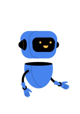 Gülümseyen yüzü olan mavi bir robot ellerini açıp teknolojiyi, robotları ve yapay zekadaki gelişmeleri sembolize ediyor..