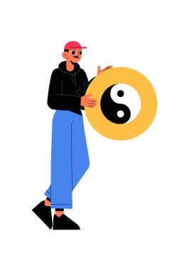 A young man wearing a hoodie and blue pants holding a large yellow circle with a yin yang symbol, flat vector illustration symbolizing harmony and balance, isolated on white background. clipart