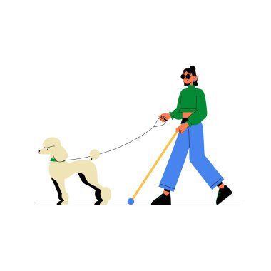 Güneş gözlüğü takan kör bir kız tasmalı bir rehber köpekle yürüyor, engelli farkındalığını, bağımsızlığı ve erişilebilirliği simgeliyor, beyaz arka planda izole edilmiş..