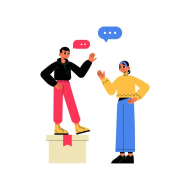 Hediye kutusu kürsüsünde duran erkek karakter ve kadın karakter, beyaz arka planda izole edilmiş iletişimi, tartışmayı ve kutlama etkileşimini sembolize ediyor..