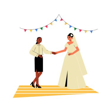 Beyaz elbiseli bir gelin, süslü bir düğün örtüsü altında bir kadın organizatörle el sıkışıyor. Kutlama ortamında etkinlik planlama ve ortaklığı simgeliyor..