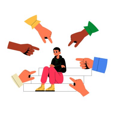 Merdivenlerde oturan genç bir çocuk, elleri işaret eden, zorbalığı, muhakemeyi ve sosyal baskıyı sembolize eden, duygusal stresi vurgulayan, beyaz arka planda izole edilmiş,.