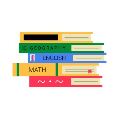 A stack of colorful textbooks featuring subjects like geography, English, and math, symbolizing education, learning, and academic resources, isolated on white background. clipart