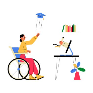 Tekerlekli sandalyedeki bir bayan mezun, online mezuniyet törenini masada bir bilgisayarla kutlarken şapkasını atar. Beyaz arka planda izole edilmiş başarıyı ve dahil edilmeyi simgeler.