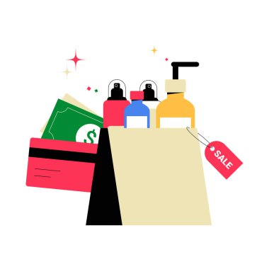 A shopping bag filled with bottles, cash, and a credit card, with a sale tag attached, symbolizing retail, discounts, and shopping deals, isolated on white. clipart