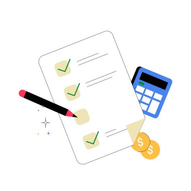 Hesap makinesi ve madeni paralara sahip bir kontrol listesi, mali planlamayı, bütçeyi ve kişisel veya profesyonel muhasebe süreçlerini sembolize eder.