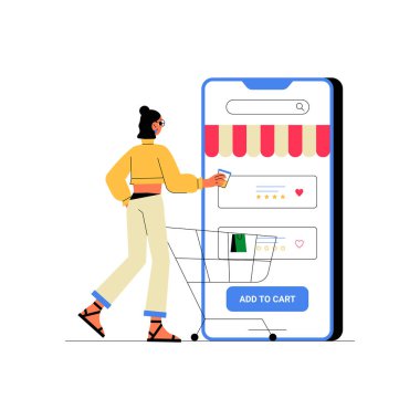 Bir kadın, online bir mağazaya bakınırken bir alışveriş arabasını itiyor, büyük bir akıllı telefondan, ticareti, dijital perakendeciyi ve uygun online alışverişi simgeliyor..