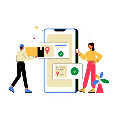 Bir erkek kurye paketi teslim ederken, bir bayan müşteri siparişini akıllı telefondan takip ediyor, sevkiyat ve sipariş takibini temsil ediyor..