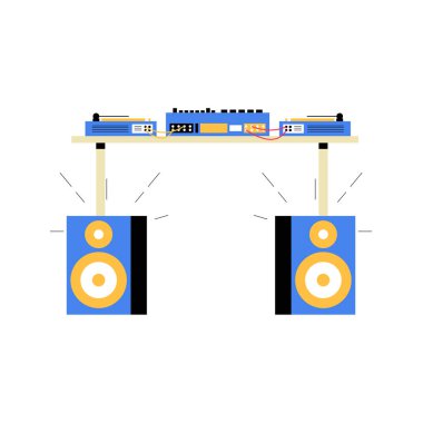 İki büyük hoparlörlü bir DJ masası, birbirine bağlı ses ekipmanları, ve ses dalgaları, bembeyaz bir arka planda müzik, eğlence ve sesi sembolize ediyor..