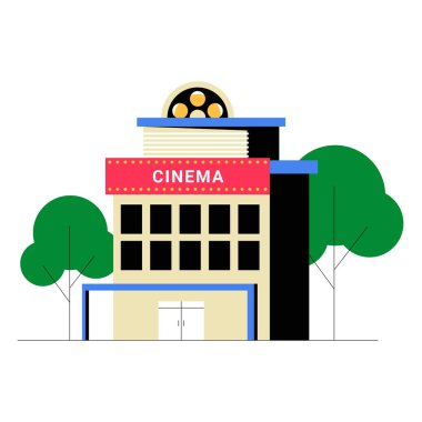 Film makarası tabelalarının yer aldığı bir sinema binası ve etrafı ağaçlarla çevrili, beyaz arka planda izole edilmiş filmleri, eğlenceyi ve şehir yaşamını simgeliyor..