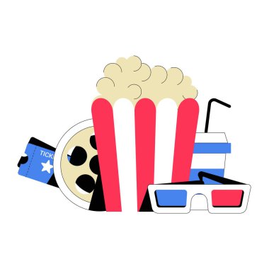 A popcorn bucket with 3D glasses, a striped soda cup with a straw, a movie reel, and a cinema ticket, symbolizing movie night and entertainment. clipart