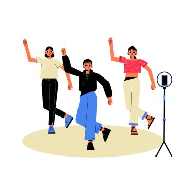 Three friends dancing energetically with a tripod microphone setup in a casual indoor setting, symbolizing performance, creativity, and enjoyment. clipart