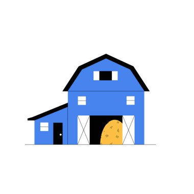 A blue barn with a haystack in the open doorway, symbolizing farming, agriculture, and rural lifestyle. clipart