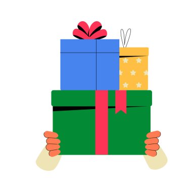 Illustration of hands holding stacked gift boxes, including a green, blue, and yellow box with decorative ribbons, symbolizing giving, holiday spirit, and celebration. clipart