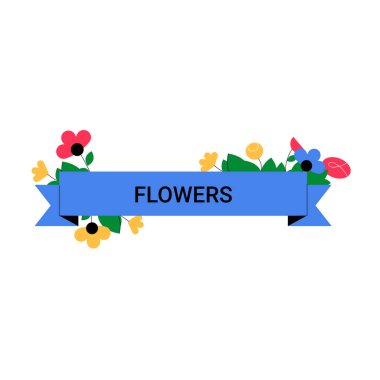 A floral banner with vibrant flowers and a blue ribbon displaying the text Flowers, symbolizing floristry, garden decoration, and natural beauty. clipart