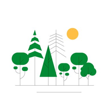 Parlak bir güneşin altında, sakin bir orman manzarasında, doğayı ve çevreyi temsil eden yeşil ağaçlar ve çam ağaçları koleksiyonu..