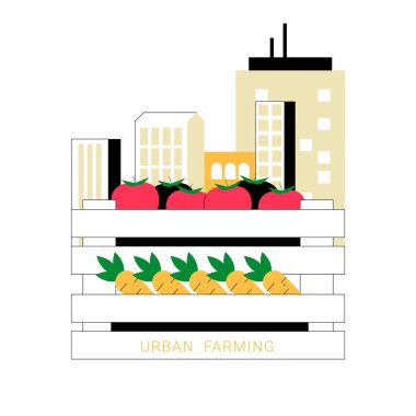 A crate filled with tomatoes and pineapples set against a backdrop of city buildings, symbolizing urban farming and sustainable agriculture in urban areas. clipart