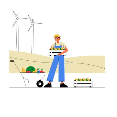 A male farmer holding a crate of vegetables with a wheelbarrow in the background, set against a rural landscape with wind turbines, symbolizing farming and sustainability. clipart