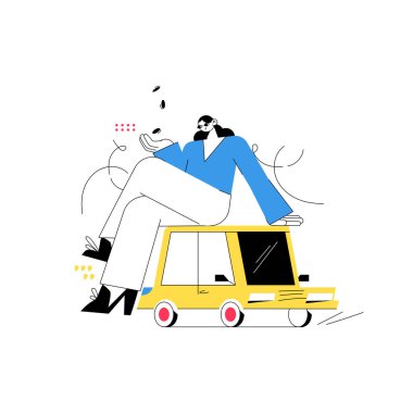 Küçük sarı bir arabanın üzerinde oturan bir kadın karakterin araba satın alma ya da araç yatırımları kavramını sembolize ettiği minimalist bir çizim..
