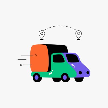 Teslimat kamyonu belirlenmiş rota üzerinde hareket ediyor. Varış noktalarıyla birlikte. Ulaşım, dağıtım hizmetleri ve lojistik verimliliği temsil eder.