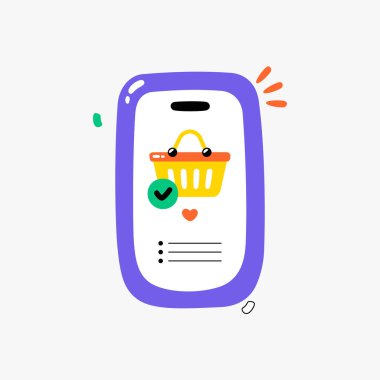 Akıllı telefon işaretli bir alışveriş arabasını gösteriyor, çevrimiçi alım-satım, dijital işlemler ve e-ticaret onayını sembolize ediyor. Çevrimiçi alışveriş ve teknolojik kavramlar için mükemmel.