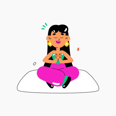 Meditasyon pozisyonunda bacak bacak üstüne atmış bir kadın karakter, farkındalığı, rahatlığı ve iç huzuru temsil ediyor. Düz vektör çizimi, beyaz arkaplanda izole edilmiş.