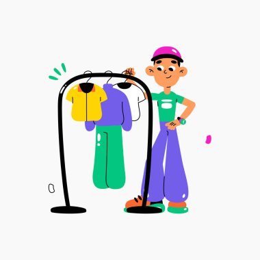 Male fashion stylist stands beside a clothing rack with colorful garments, symbolizing fashion design and retail. Flat vector illustration about garment selection, shopping, fashion styling clipart