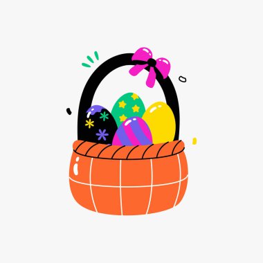 A basket filled with colorful Easter eggs is depicted, symbolizing celebration, Easter, and festivity. Perfect for holiday themed designs and festive events. Flat vector illustration. clipart