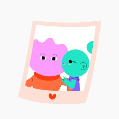 Fotoğraf çerçevesindeki çizgi film çifti, gülümsüyor ve şefkat gösteriyor, aşkı ve birlikteliği sembolize ediyor. Aile, romantizm, ilişki temaları ve beyazı izole edilmiş düz vektör illüstrasyonu için ideal