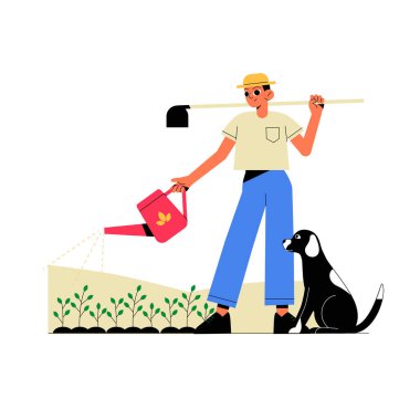 Bir erkek bahçıvan su bitkileri bir su bidonu kullanır, bir köpek eşliğinde, bahçıvanlığı, evcil hayvan arkadaşlığını ve açık havada sürdürülebilir yaşamı sembolize eder..