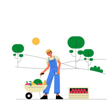 A male farmer wearing overalls, carrying a wheelbarrow filled with produce, standing outdoors near a crate of vegetables, symbolizing farming and harvesting. clipart