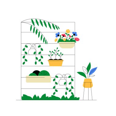 Çeşitli şekil ve renklerde saksı bitkilerinin bulunduğu dikey bir bahçe, raflara konmuş, kentsel bahçe ve çevre dostu yaşamı sembolize ediyor.