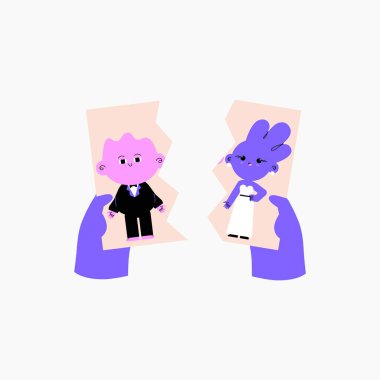 İki el tarafından çekilmiş yırtık bir düğün fotoğrafı. Kırık bir ilişkiyi ya da boşanmayı simgeliyor. Ayrılma için düz vektör çizimi, ilişki mücadelesi ve beyaz üzerine izole edilmiş duygusal zorluk..