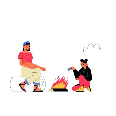 Anne ve kız kamp yapmaktan zevk alıyor, yemekle birlikte ateşin başında oturuyor, macerayı sembolize ediyor, aile bağlarını ve açık hava yemeklerini simgeliyor, düz vektör çizimleri, beyaz arka planda izole edilmiş..