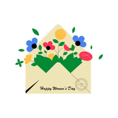 An envelope with colorful flowers and the message Happy Womens Day, symbolizing appreciation, celebration, and festive spirit, set against a white background. clipart