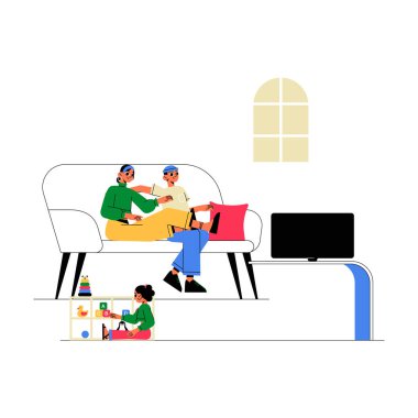 Parents sitting on a sofa watching television while their young child plays with toys on the floor, symbolizing family bonding and indoor leisure time. clipart