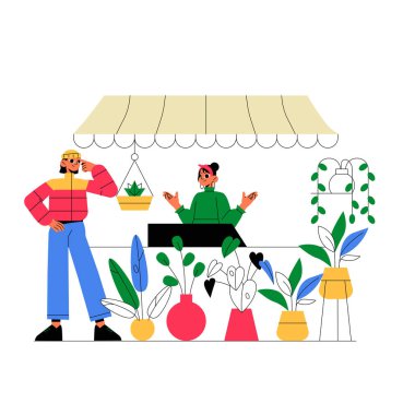 A female vendor selling plants at a flower stall with a female customer observing, surrounded by pots and hanging planters, symbolizing gardening and plant business. clipart