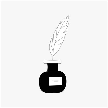 A bottle of ink with a feather pen placed in it, symbolizing classic writing tools, creativity, and literature in a flat vector style. clipart