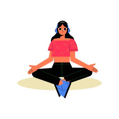 Kadın karakter meditasyon pozunda bacak bacak üstüne atmış, kulaklık takıyor, rahatlamayı, farkındalığı ve zihinsel refahı simgeliyor..