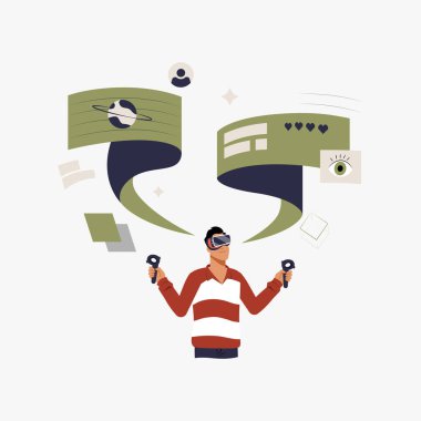 VR kulaklık takan bir adam iki büyük sanal ekranla etkileşime girer. Dijital dalmayı, VR oyunlarını ve gelecekteki teknolojiyi sembolize eder..