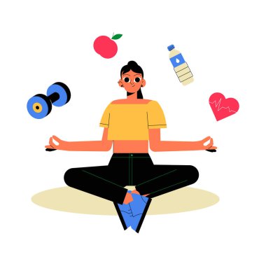 Yoga pozunda meditasyon yapan kadın karakter, kalp, elma, dambıl ve su şişesi gibi sembollerle çevrili, fitness ve farkındalığı gösteriyor..