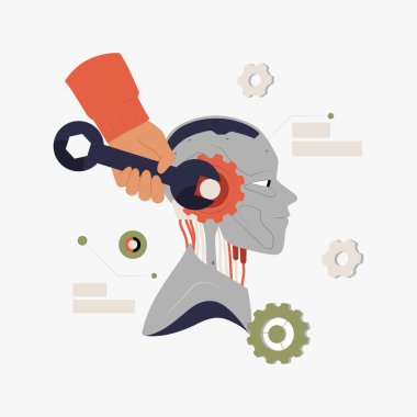 Human head with gears and a hand adjusting them with a wrench, representing mechanical thinking, problem solving, and automation in a flat vector style. clipart