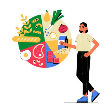 Besin piramidini işaret eden kadın beslenme uzmanı çeşitli malzemelerle sağlıklı yeme alışkanlıklarını ve profesyonel ortamdaki beslenme dengesini sembolize ediyor..