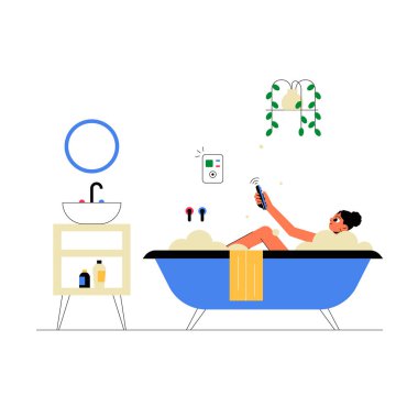 A smart bathroom featuring a woman relaxing in a foam-filled bathtub, using a smartphone, with smart controls and plants, symbolizing modern technology and self care. clipart