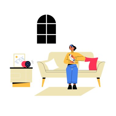 Genç bir kadın, akıllı bir oturma odasında bir kediyle koltukta dinleniyor, modern mobilya ve dekorla çevrili, akıllı yaşam, rahatlık ve evcil hayvan bakımını sembolize ediyor..