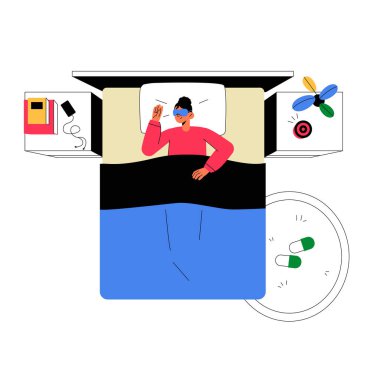 Yatakta istirahat eden, göz maskesi takan, başucunda akıllı bir hoparlör olan, dinlenmeyi, rahatlamayı ve modern uyku teknolojisini simgeleyen bir kadın..