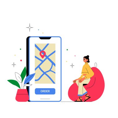 Navigasyon haritası ve sipariş düğmesi olan büyük bir akıllı telefon ekranı, elinde teslimat çantası olan kırmızı bir çantanın üzerinde oturan bir kadın, konum izleme ve çevrimiçi teslimatı sembolize ediyor..