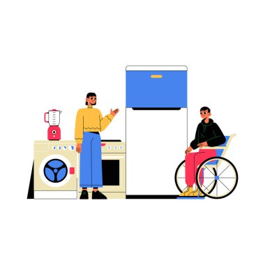 A woman presenting kitchen appliances to a man in a wheelchair, emphasizing accessibility, inclusivity, and modern kitchen design in a welcoming home environment. clipart