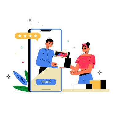 Bir adam akıllı telefon ekranından bir kadına paket veriyor. Ticareti, online alışveriş kolaylığını ve dijital dünyada verimli teslimat hizmetlerini sembolize ediyor..